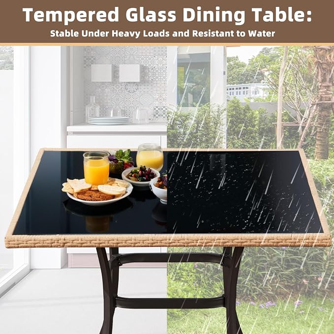 35.2-Inch Square Outdoor Dining Table, Weather-Resistant Rattan & Steel Frame with Tempered Glass Top, 4-Person Patio Furniture for Garden, Balcony, Backyard, Modern Black Bistro Table(Only Table)