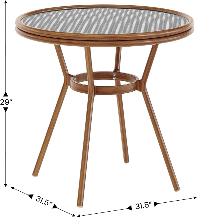 Flash Furniture Lourdes Indoor/Outdoor Commercial Bistro Table - Tempered Glass Top - PE Rattan - Natural Bamboo Print Aluminum Frame - 31.5" - Black/White