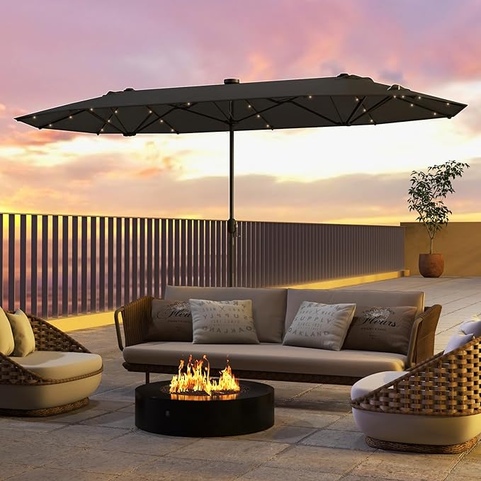 HAPPYGRILL Double-Sided Patio Umbrella with Solar Lights, 13FT Large Umbrella with Base Included, Crank Handle, Market Twin Table Umbrella for Outdoor Backyard Garden Poolside
