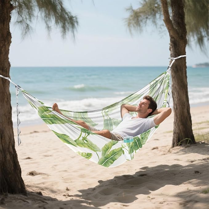 Camping Hammock Outdoor Hammocks for Outside Banana Foliage Watercolor Beach Trees Portable Lightweight with Pockets Tree Straps Indoor Small