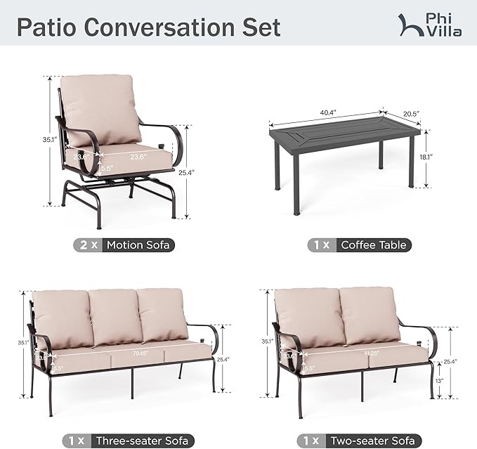 PHI VILLA Extra Large Metal Patio Furniture Sets, All-Weather Steel Frame Heavy Duty Patio Conversation Sets for Backyard, Porch and Garden