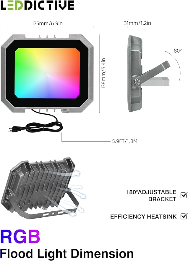 Leddictive 2 Pack RGB LED Flood Light 50W, 500W Equivalent 5000 LM Outdoor Landscape Flood Lights with 2 Remote, IP66 Waterproof Outdoor Light for Christmas Party Stage Uplight Wall Wash