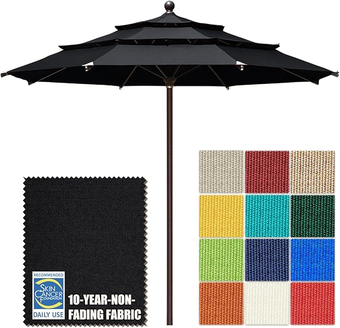 EliteShade USA 10-Year-Non-Fading 11ft 3-Tier Market Patio Umbrella, Commercial Grade Outdoor Table Umbrella with Cylinder Push-Up, Windproof & UPF 50+ UV Protection, Heavy Duty Ventilation for Garden, Deck, Pool, Backyard, Beach & Bistro, Black