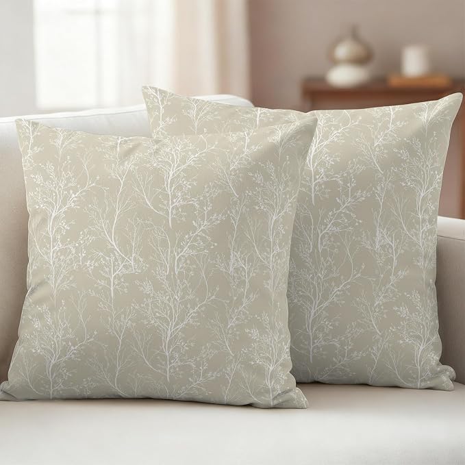 Beige Branches Waterproof Outdoor Pillow Covers Set of 2 Home Decor, Abstract Art Leaves Plant Pillowcase Patio Pillow Covers for Couch Bench Patio Furniture Garden 16x16in