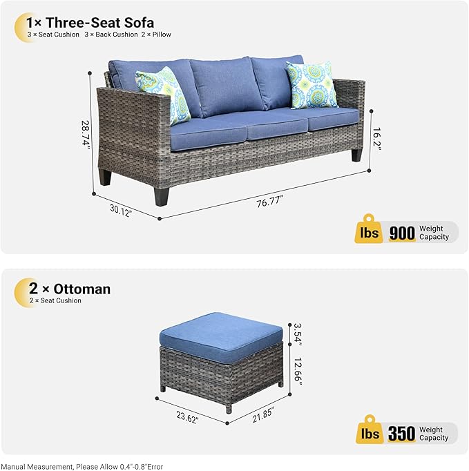 ovios 3 Pieces Patio Furniture Set Outdoor Sofa with Ottomans, Wicker Rattan Couch with Footrests Comfy Cushions, All Weather Sofas Couches for Porch Backyard Garden, Denim Blue
