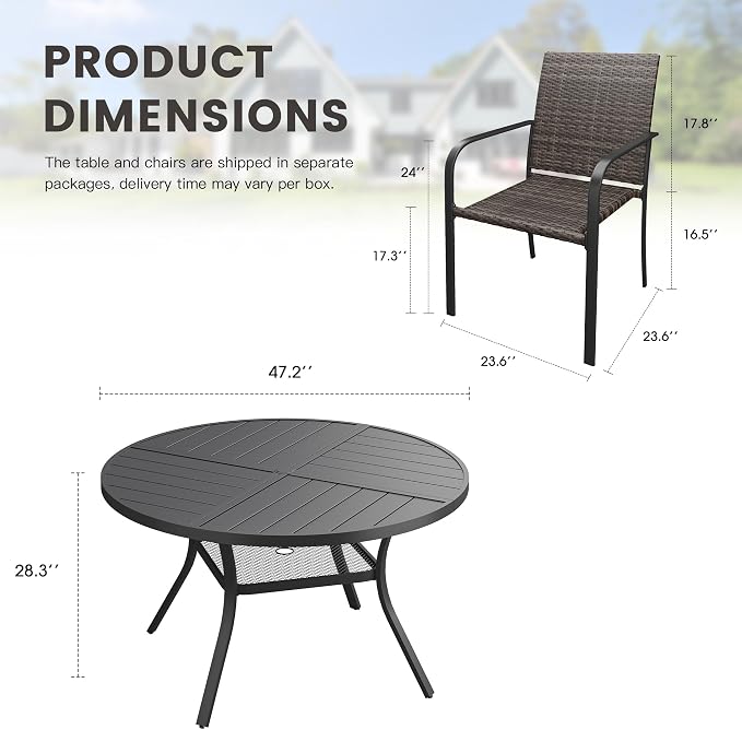 Outdoor Dining Set for 6, 47.3" Metal Round Outdoor Dining Table with Umbrella Hole and Wicker Stackable Patio Chairs, 7 Pieces Patio Table and Chairs Set for Garden Backyard, Black