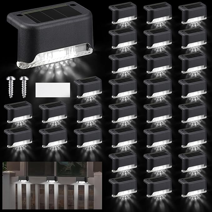 Geelin 32 Pcs Solar Deck Lights Outdoor, Waterproof LED Solar Step Fence Lights for Stairs, Step, Railing, Patio, Driveway, Garden, Pathway and Yard(Black Shell Cool White Light)