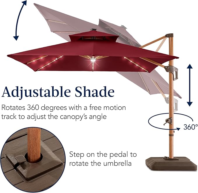 Best Choice Products 10ft Square Cantilever Patio Umbrella w/Base Included, Woodgrain Pattern Pole & Solar LED Lights, 360-Rotation, Offset Hanging Outdoor Shade