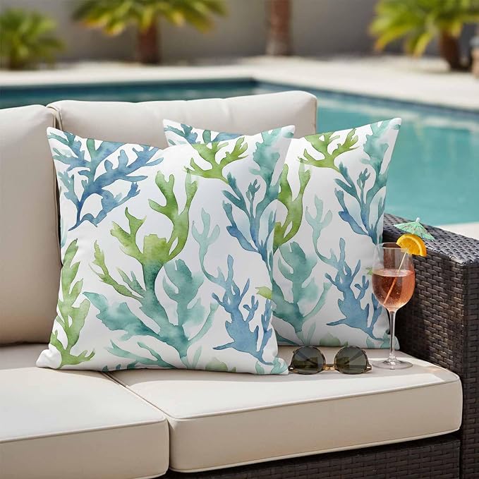 JasmineM Outdoor Pillow Cover 18x18 Inches Set of 2 Blue Teal Coral Waterproof Throw Pillow Covers Watercolor Green Decorative Pillowcases Garden Cushion Case for Patio Couch Sofa