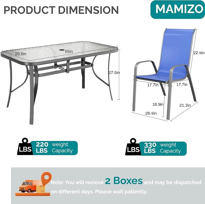 MAMIZO 7 Pieces Patio Dining Set for 6, Outdoor Table and Chairs w/Rectangle Glass Table and 6 Textilene Stackable Chairs, Patio Furniture Set w/1.69" Umbrella Hole (Grey Table & Navy Blue Chair)