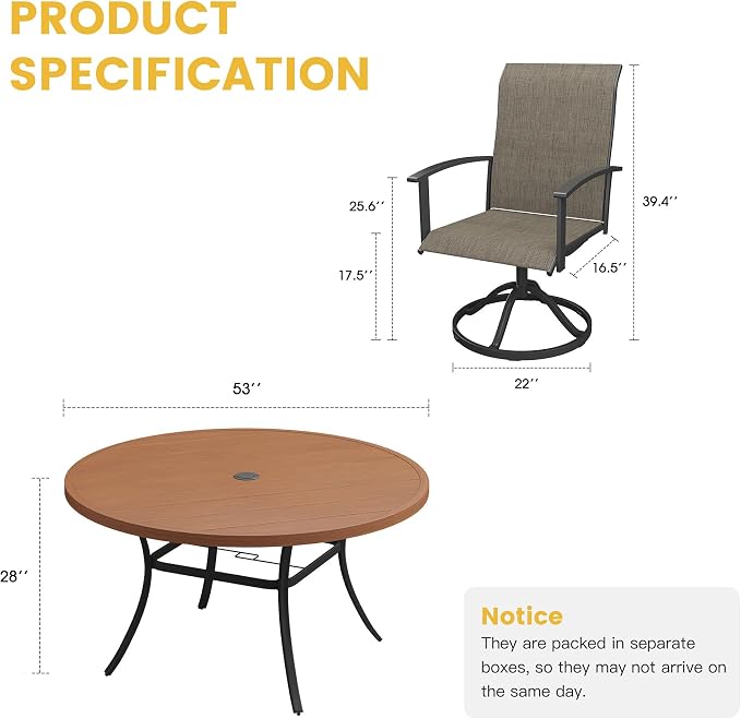 VICLLAX 7 Pieces Patio Dining Set, Outdoor Dining Set for 6-53" Round Outdoor Table and Swivel Patio Chair Set for Deck, Lawn and Garden, Grey Table and Chairs