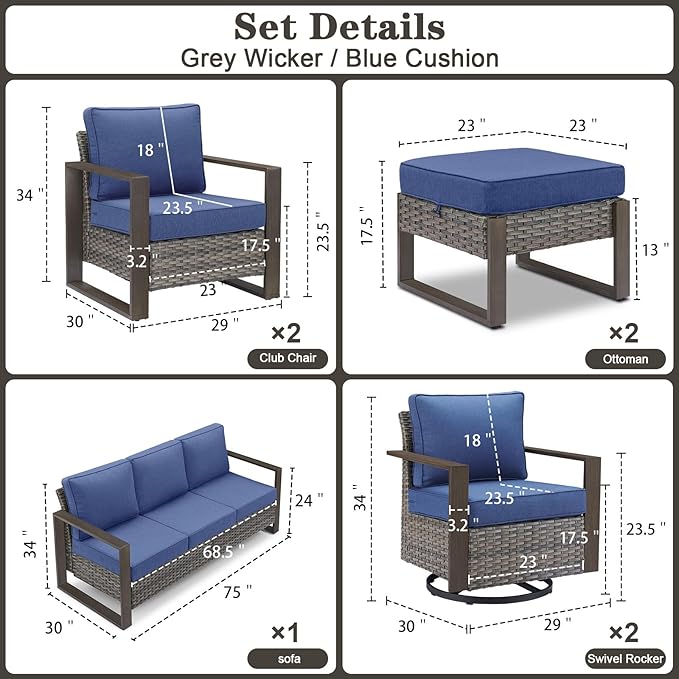 Belord Modern Outdoor Patio Furniture 7 - Person Outdoor Swivel Glider Seating Group, Backyard Wicker Furniture Set with Aluminum Armrests, Grey Wicker Blue Cushion