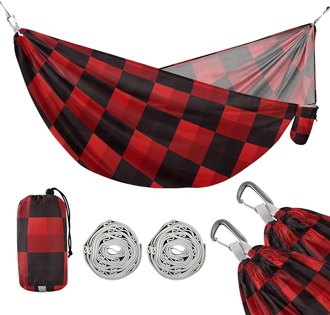 Camping Hammock Outdoor Hammocks for Outside Red Black Check Beach Trees Portable Lightweight with Pockets Tree Straps Indoor Small