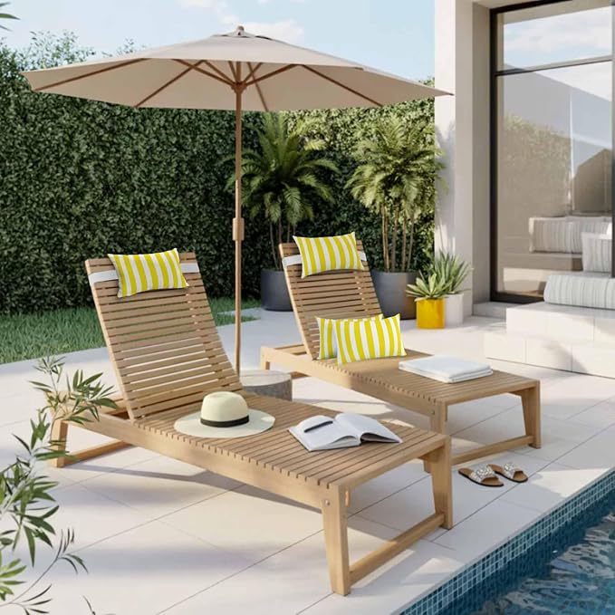 Yellow Striped Outdoor Chaise Lounge Head Pillow with Insert,Modern Farmhouse Yellow White Stripes Waterproof Headrest Lumbar Pillow Cusion Cover with Elastic Strap for Patio Recliner,11"x16" 2PCS