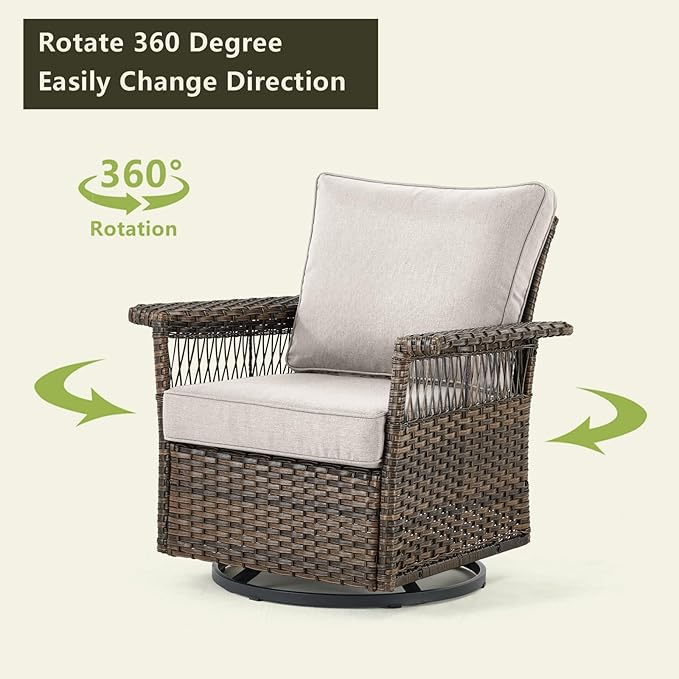 Wicker Outdoor Patio Furniture Set - 5 Piece Rattan Patio Conversation Sets with 2 Swivel Rocking Chairs,2 Ottomans and 1 Side Table for Porch Deck Garden(Brown/Beige)