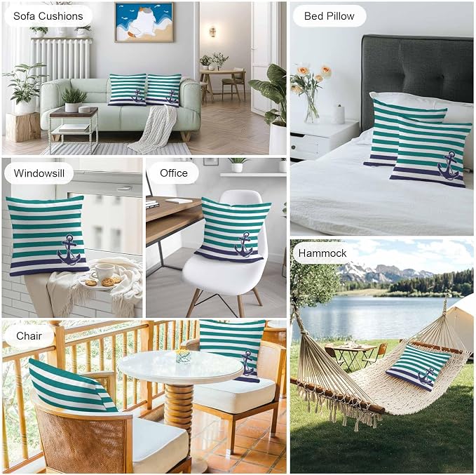 Throw Pillow Covers 26x26 Inch Set of 2, Anchor Teal Waterproof Outdoor Cushion Covers, Modern Navy Blue White Striped Nautical Decorative Pillowcases for Couch, Sofa, Bed, Garden, Patio