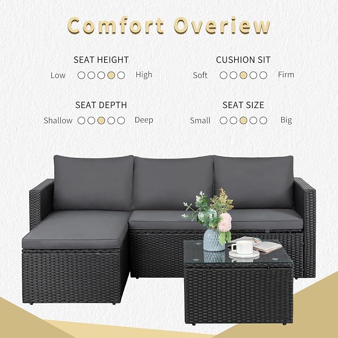 JAMFLY 3-Piece Outdoor Sectional Sofa Set with Glass Coffee Table, All-Weather PE Wicker Patio Furniture with Thick Cushions, Modular Conversation Set for Small Balcony, Deck & Porch, Grey