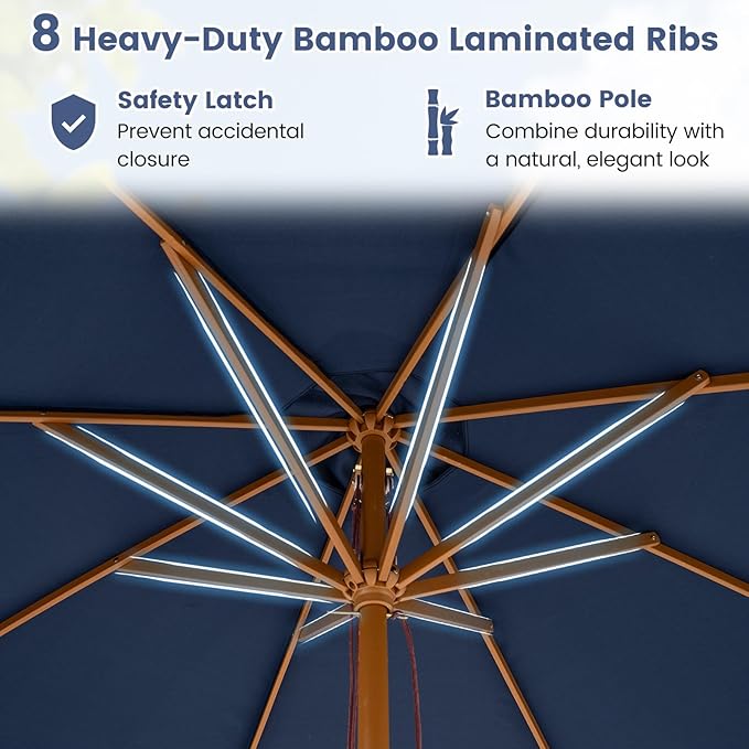 HAPPYGRILL 9 FT Patio Umbrella, Outdoor Table Market Umbrella with 8 Sturdy Bamboo Ribs, Wood Pole, Sun-Protective Double-Tier Canopy, Air Vent, Sunshade Parasol for Garden Deck Backyard Pool (Navy)