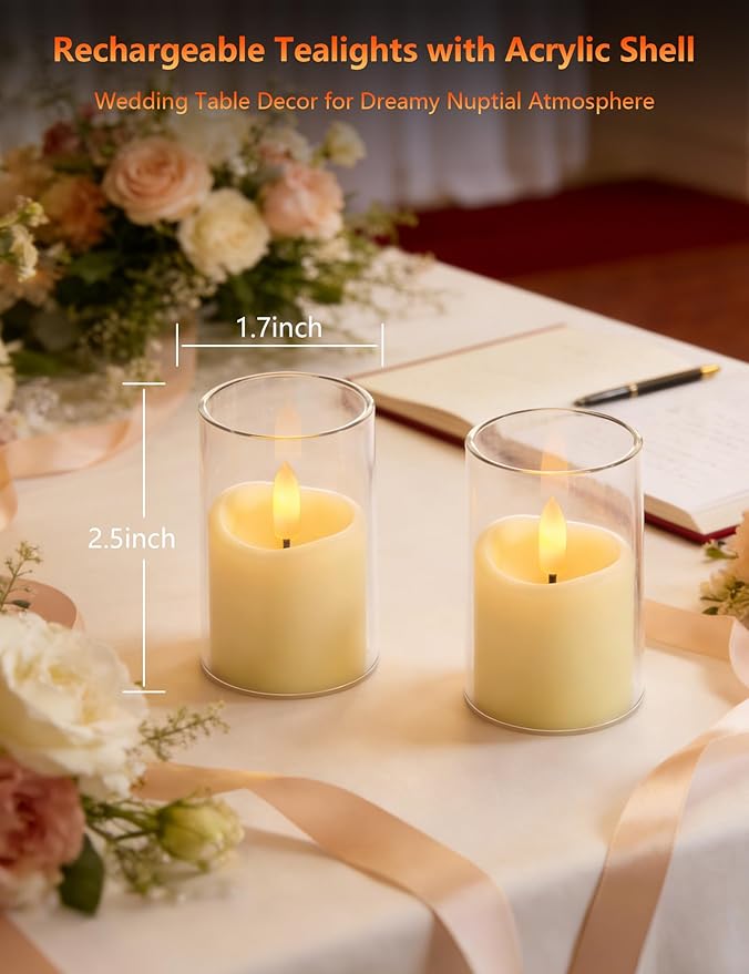 Rechargeable Acrylic Flameless LED Tea Lights with Timer, Flickering Warm Glow Votive Candles, Remote Battery Operated Set for Holiday & Daily Table Decor (Set of 6, White)