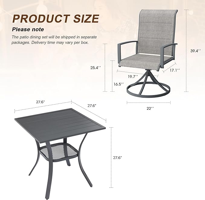 VICLLAX 3 Pieces Outdoor Dining Set, Patio Furniture Set Includes 27.6" Square Metal Table W/ 1.9" Umbrella Hole and 2 Padded Textilene Swivel Chairs for Porch, Lawn, Garden, Backyard