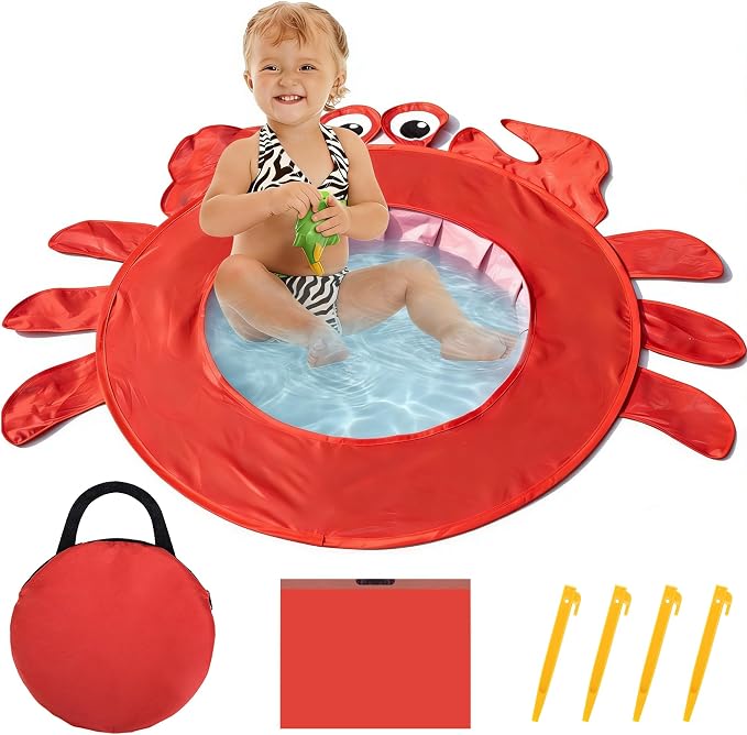 RunNico Pop Up Beach Pool, Portable Toddler Beach Pit with Water Bag and Storage Bag, Cute Shape Beach Pool Puddle for Outdoor Summer Beach Camping Traveling Vacation (Crab)