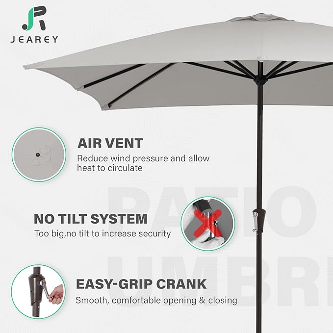 JEAREY 8x10 ft Rectangular Patio Umbrellas Outdoor Table Market Umbrella w/Crank, 8 Sturdy Ribs, UV Protection Windproof Sunproof for Garden, Deck, Backyard, Pool(Foggy Gray)