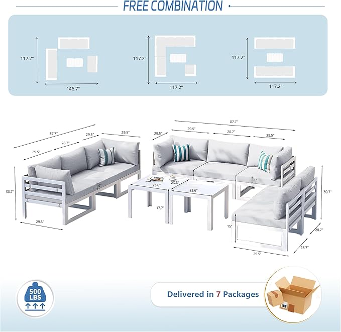 NICESOUL 10 Pcs L-Shaped Contemporary Aluminum Outdoor Furniture Set, 29" Deep Wide Large Couch Set, 500 lbs High Weight Capacity Modular Patio Sectional Sofa with Side Table for Garden, Light Grey
