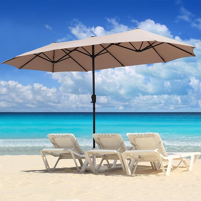 13Ft Large Patio Umbrella Outdoor Double-Sided Market Umbrella w/Easy Crank for Yard, Poolside, Deck, Khaki