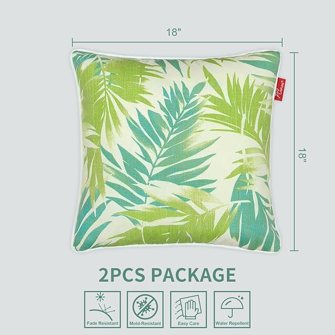Pcinfuns Pack of 2 Outdoor Throw Pillows,18x18 Inch All-Weather Water-Resistant Patio Pillows with Inserts,Decorative Pillows for Patio Furniture,Couch,Sofa,Poolside,Green Leaf