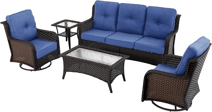 Sundale Outdoor 5 Piece Wicker Patio Furniture Set, High Back Outdoor Couch with Swivel Chairs & Coffee Table, 6" Thick Cushion Patio Conversation Sets with Deep Seating for Yard, Deck (Blue)