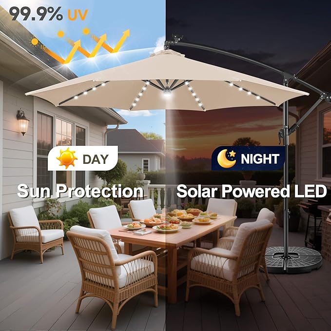 FLAME&SHADE 10ft Solar Cantilever Umbrella with 40 LED Lights, Lighted Large Offset Outdoor Patio Umbrellas, 8 Sturdy Ribs, UPF50+ UV Protection for Pool Deck Garden Yard, Beige