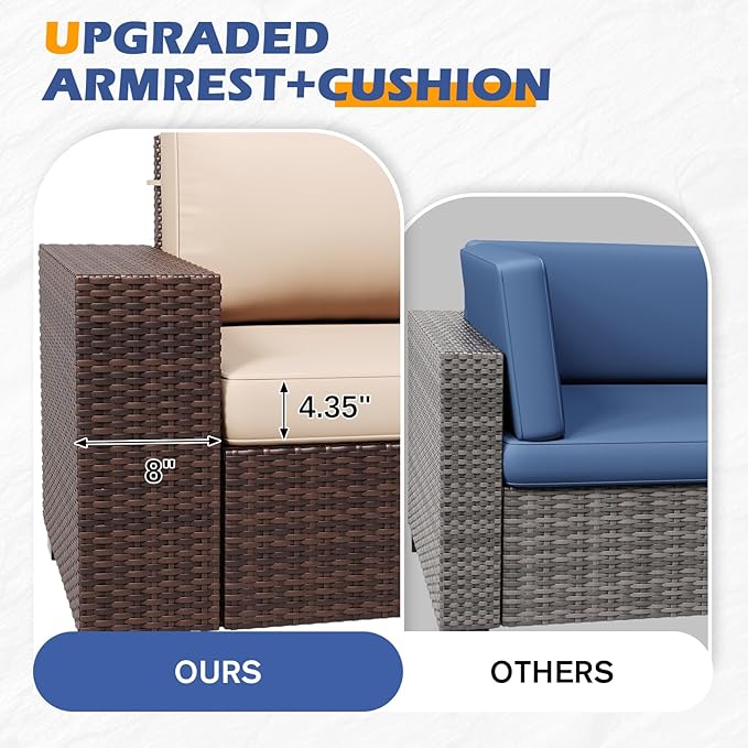 6 Pieces Outdoor Patio Furniture Set with Table Brown Rattan Sectional Sofa Conversation Sets for Balcony Lawn and Garden (Beige, 6 pcs w/Table)