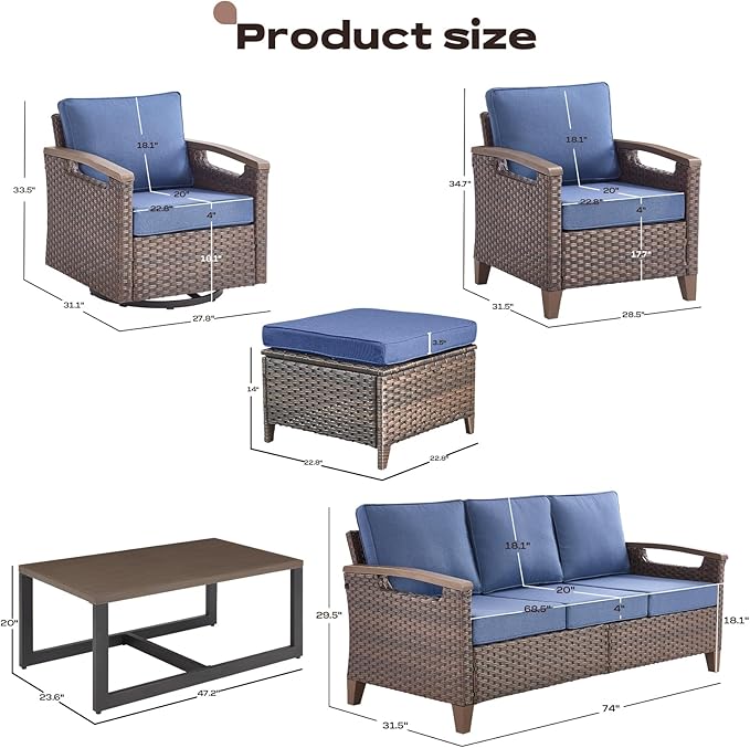 Rilyson Wicker Outdoor Patio Furniture Set - 8 Piece Patio Conversation Sets with Swivel Rocker Chairs, Chairs, Ottomans, Sofa and Coffee Table, Thick Cushions, for Porch Deck Brown/Blue