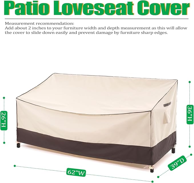 F&J Outdoors Waterproof UV Resistant Heavy Duty 2 Seater Deep Patio Loveseat Covers, 62" W x 39" D x 36" H