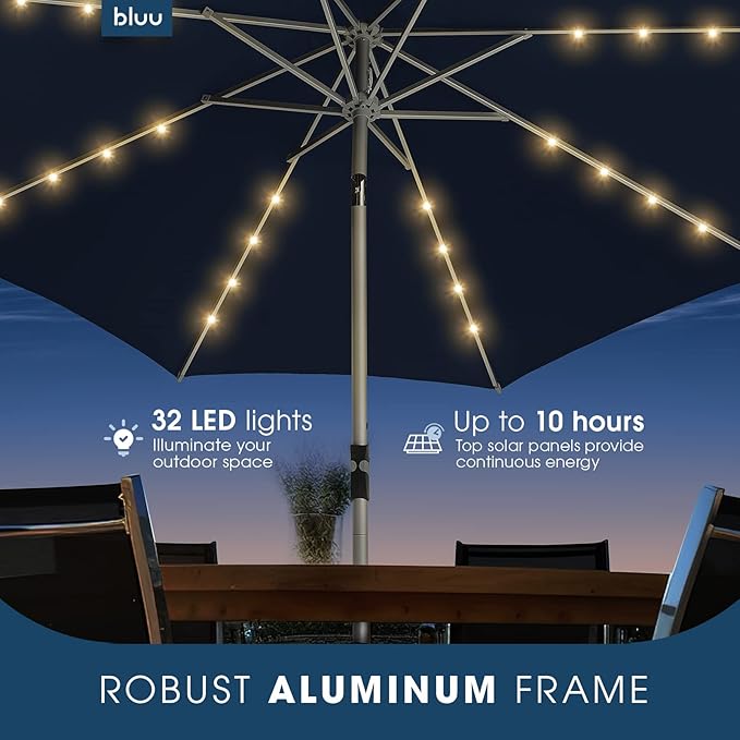 BLUU 9 Ft Patio Umbrella with Solar LED Lights, 5-Year Fade-Resistant Aluminum Outdoor Table Umbrella with Tilt Adjustment and Crank for Pool, Deck, Garden and Lawn, Navy Blue