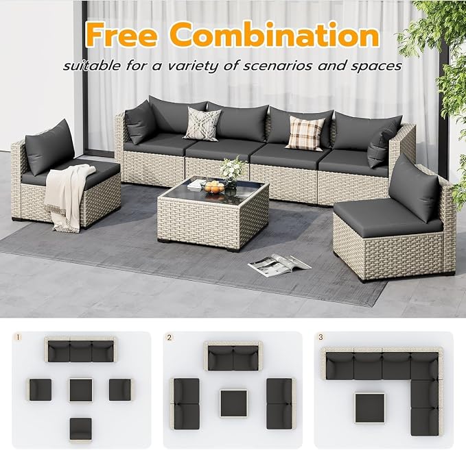 7-Piece Outdoor Patio Furniture Set with PE Wicker Sectional Sofa and Tea Table, Weather-Resistant Outdoor Conversation Set for Patio, Garden, Backyard Lounge Area(Blue)