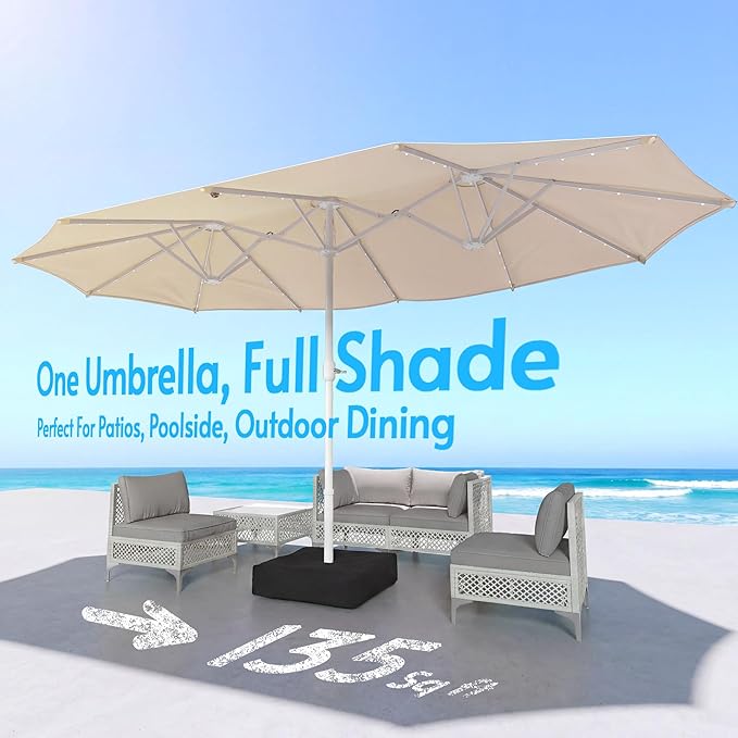 15ft Double-Sided Patio Umbrella with Solar Lights and Base Included, Large Patio Umbrella with 48 LED Dual-Color Lights, 135 Sq Ft Shade Area Patio Table Umbrella for Pool, Outddor, Deck (Champagne)