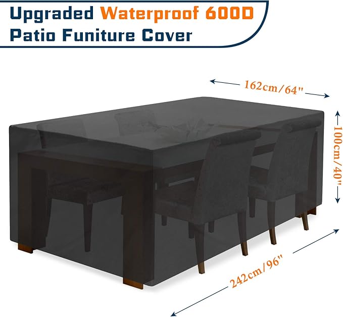 JESTOP Patio Furniture Covers, 96 Inch Rectangular Outdoor Table Cover Waterproof, Heavy Duty 600D Oxford Fabric Patio Table and Chair Cover Anti-UV with 4 Windproof Buckles, 96" L x 64" W x 40" H