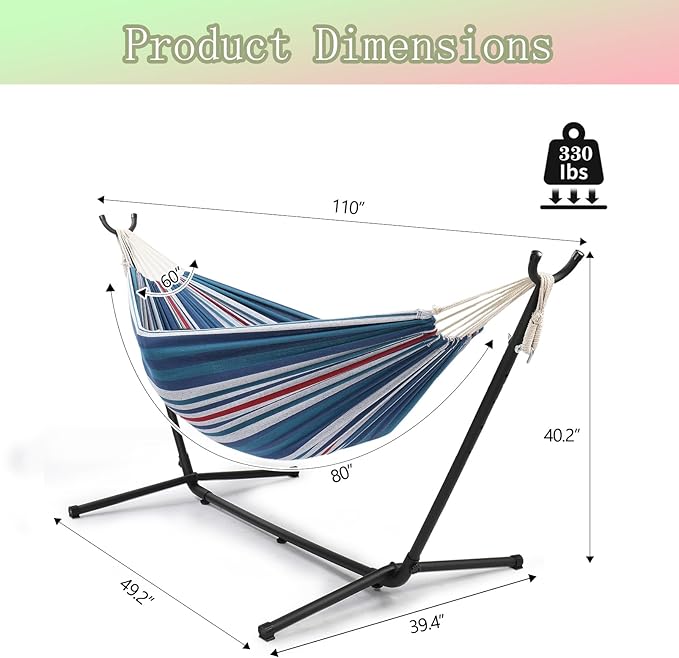 Double Hammock Chair with Stand, 2-Person Portable Hammock with Carrying Bag, Heavy Duty Hammocks for Outside Backyard, Camping, Garden, Yard, Patio, 330 lbs Weight Capacity (Blue Purple Stripes)