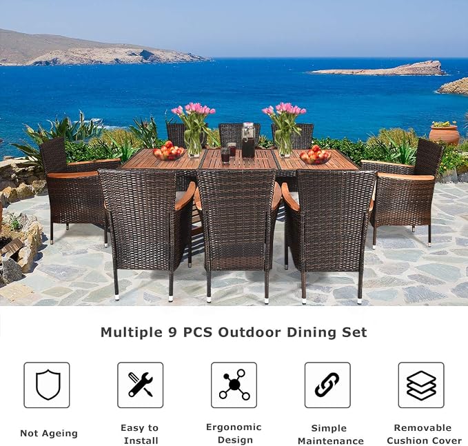 Tangkula 9 Piece Outdoor Dining Set, Garden Patio Wicker Set w/Cushions, Furniture with Acacia Wood Table and Stackable Armrest Chairs