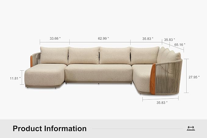 PURPLE LEAF 4-Piece Patio Furniture Set, C-Shaped Modular Outdoor Sectional Sofa with Chaise Lounge, Genuine Teak, Olefin Fabric, 9" Thick Backrest- Patio Conversation Sets