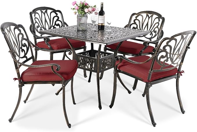 VIVIJASON 5-Piece Outdoor Patio Dining Set, All-Weather Cast Aluminum Conversation Set, Patio Furniture Set for Backyard, Include 4 Cushioned Chairs, a 35.4" Square Table w/Umbrella Hole, Red Cushion