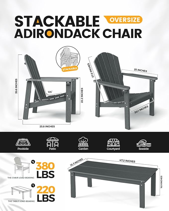nevilywood 5-Piece HDPE Adirondack Chair Set, 4 Stackable Chairs Coffee Table, All-Weather Wood Grain, Patio Garden Backyard,Gray