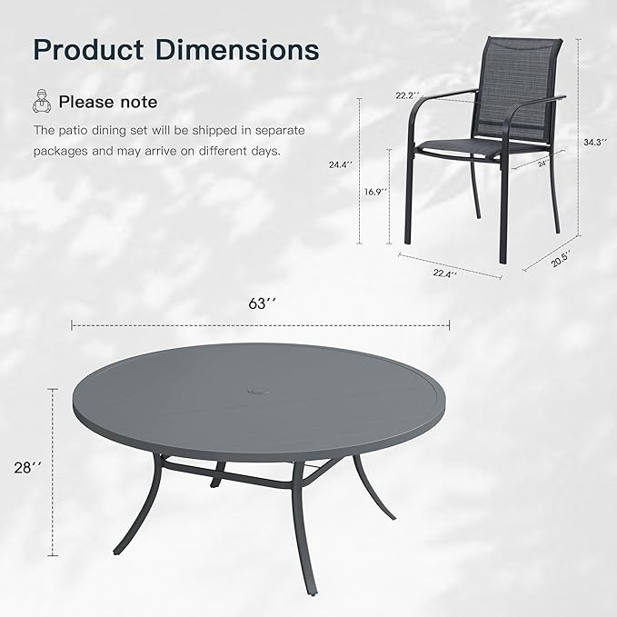 VICLLAX 11 Pieces Patio Outdoor Dining Set, 63" Round Metal Table with Umbrella Hole and 10 Stackable Textilene Chairs for Patio, Lawn, Garden, Porch, Dark Grey/Grey