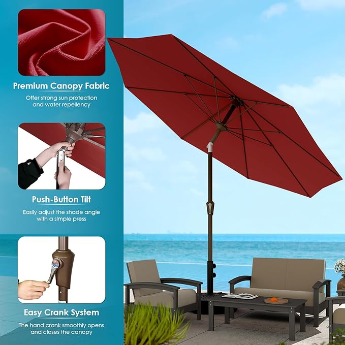 GREENVINES 9-FT-Patio-Umbrella | Outdoor-Table-Umbrellas | 8 Sturdy Fiberglass Ribs | Push Button Tilt & Crank | Waterproof | Market Umbrella | for Pool Backyard Garden Deck | Red