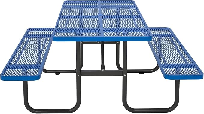 Coated Steel Heavy Duty Picnic Table for Outdoors 2200 lbs Load, Rectangular Camping Table with 1.78" Umbrella Hole, Commercial Picnic Table with Benches, Blue