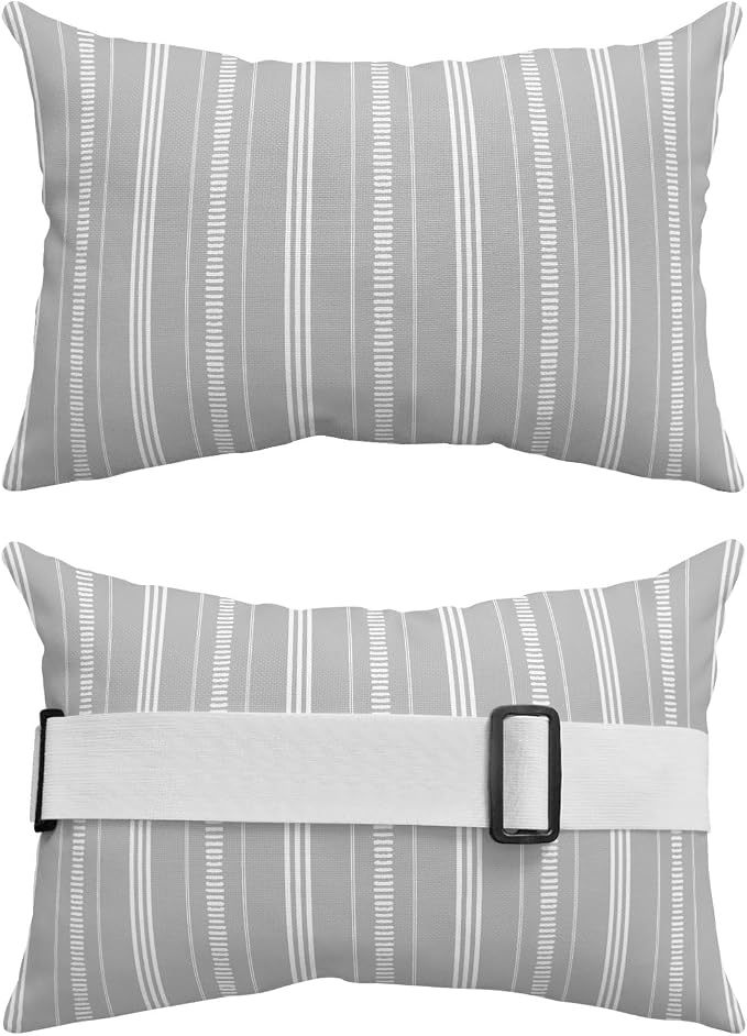 Outdoor Lumbar Pillows 11x16 Set of 2, Boho Grey Waterproof Throw Pillow Covers with Insert, Minimalist Farmhouse Striped Decorative Pillowcase Cushion for Couch Sofa Bed