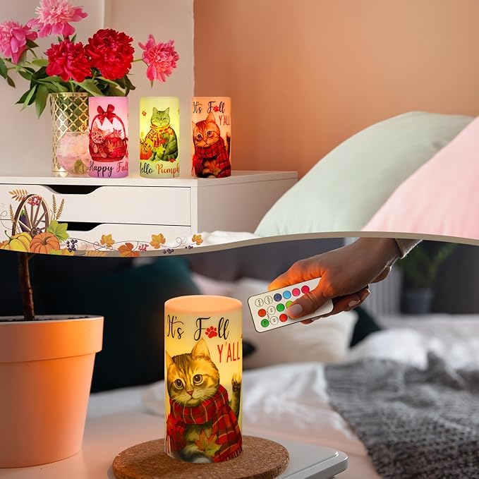 Retisee 3 Pcs Fall Flameless LED Candles Autumn Cat Pumpkin Flameless LED Candles for Bedroom Living Room Fall Thanksgiving Day Decorations