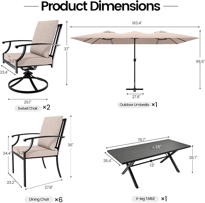 10 PCS Outdoor Patio Dining Set with 13.6ft Double-Sided Patio Umbrella,Patio Table and Chairs Metal Outdoor Patio Furniture Set,Dining Table Set with Swivel Chairs,Brown
