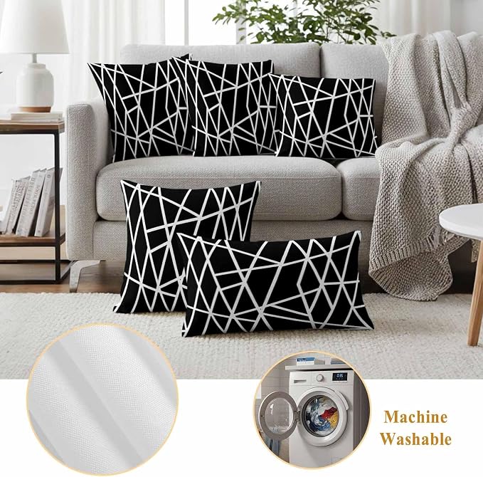 Outdoor Pillow Covers Waterproof, Black Geometric Decorative Square Throw Pillowcases Patio Cushion Covers for Tent/Garden, 26" x 26" 2 Pack, Abstract Stripes Modern Simple